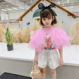 Fashion mesh sleeve t-shirt girls print Sequins Tees children tops cotton tees kids overalls girls shoet sleeve t-shirt ws1532