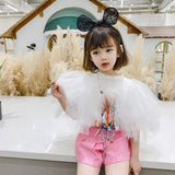 Fashion mesh sleeve t-shirt girls print Sequins Tees children tops cotton tees kids overalls girls shoet sleeve t-shirt ws1532