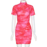 Red Ruched Tie Dye Print Summer Dress Women 2020 Sexy Zipper V Neck Shoet Sleeve Bodycon Tube Mini Party Dress Club Outfits