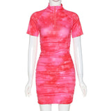 Red Ruched Tie Dye Print Summer Dress Women 2020 Sexy Zipper V Neck Shoet Sleeve Bodycon Tube Mini Party Dress Club Outfits