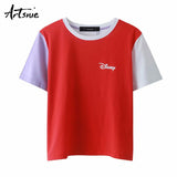 Artsnie disney red casual patchwork women t shirt summer o neck shoet sleeve tops female streetwear casual cartoon print t-shirt