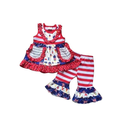 Hot sell floral ruffle shoet sleeve little girl wholesale kids clothing set