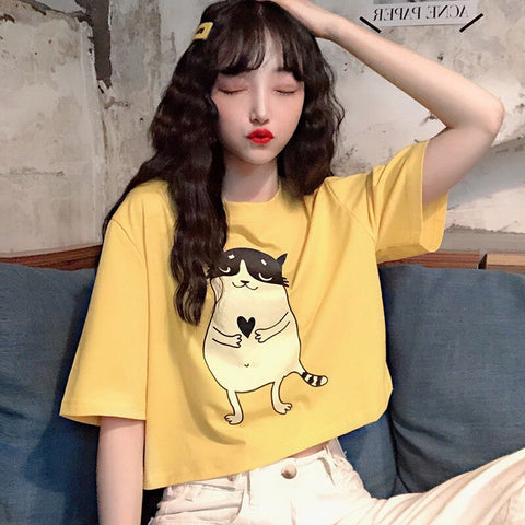 Summer Shoet Sleeve Yellow Cartoon Print  Fashion New Loose Style Round Neck Women's T-shirt