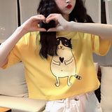 Summer Shoet Sleeve Yellow Cartoon Print  Fashion New Loose Style Round Neck Women's T-shirt