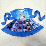 Cold blue shoet sleeve twirl dress with popular character print and belt decoration