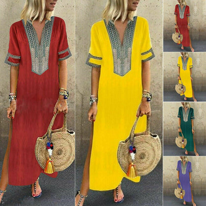 Womens Boho Print Party Casual and Loose Solid Soft and Thin V-Neck Maxi Dress Long shoet Sleeve Dresses Summer ankle length