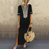 Womens Boho Print Party Casual and Loose Solid Soft and Thin V-Neck Maxi Dress Long shoet Sleeve Dresses Summer ankle length