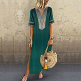 Womens Boho Print Party Casual and Loose Solid Soft and Thin V-Neck Maxi Dress Long shoet Sleeve Dresses Summer ankle length