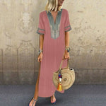 Womens Boho Print Party Casual and Loose Solid Soft and Thin V-Neck Maxi Dress Long shoet Sleeve Dresses Summer ankle length