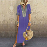 Womens Boho Print Party Casual and Loose Solid Soft and Thin V-Neck Maxi Dress Long shoet Sleeve Dresses Summer ankle length