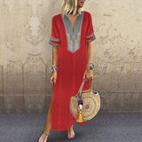 Womens Boho Print Party Casual and Loose Solid Soft and Thin V-Neck Maxi Dress Long shoet Sleeve Dresses Summer ankle length