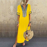 Womens Boho Print Party Casual and Loose Solid Soft and Thin V-Neck Maxi Dress Long shoet Sleeve Dresses Summer ankle length